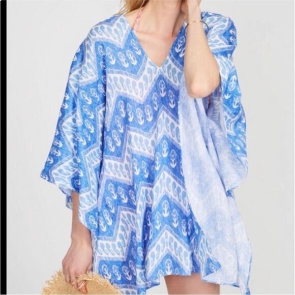 J. McLaughlin blue white print bathing suit cover up dress tunic M/L linen - Picture 2 of 5